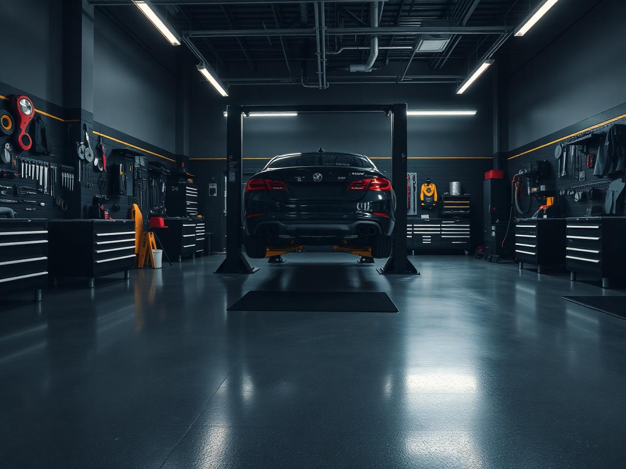 Área de elevadores da oficina DriveTech com veículo suspenso
